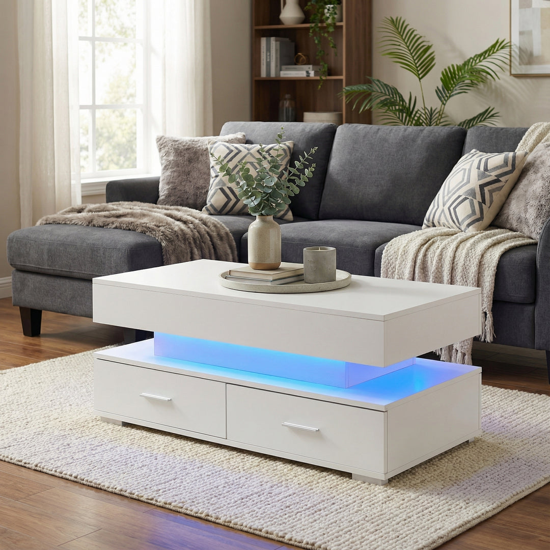 White lift-top coffee table with LED lighting and 2 drawers 100×50×44cm CYBERSPACE