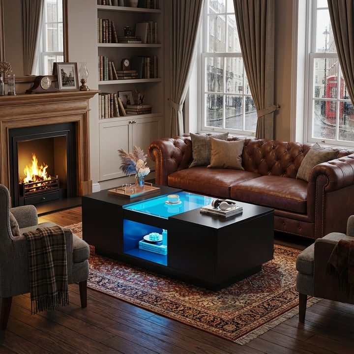 Black glass LED lighting coffee table with storage 100×50×35.5cm ALGORITH