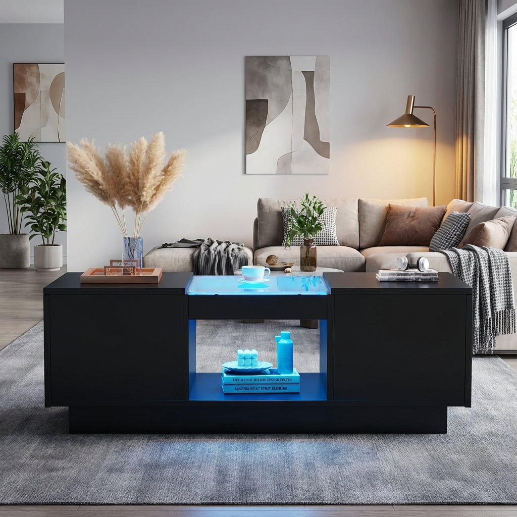 Black glass LED lighting coffee table with storage 100×50×35.5cm ALGORITH