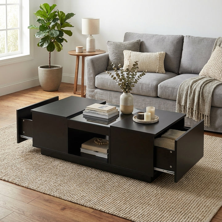 Black glass LED lighting coffee table with storage 100×50×35.5cm ALGORITH