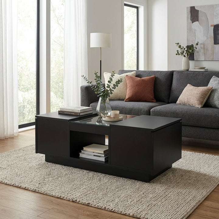 Black glass LED lighting coffee table with storage 100×50×35.5cm ALGORITH