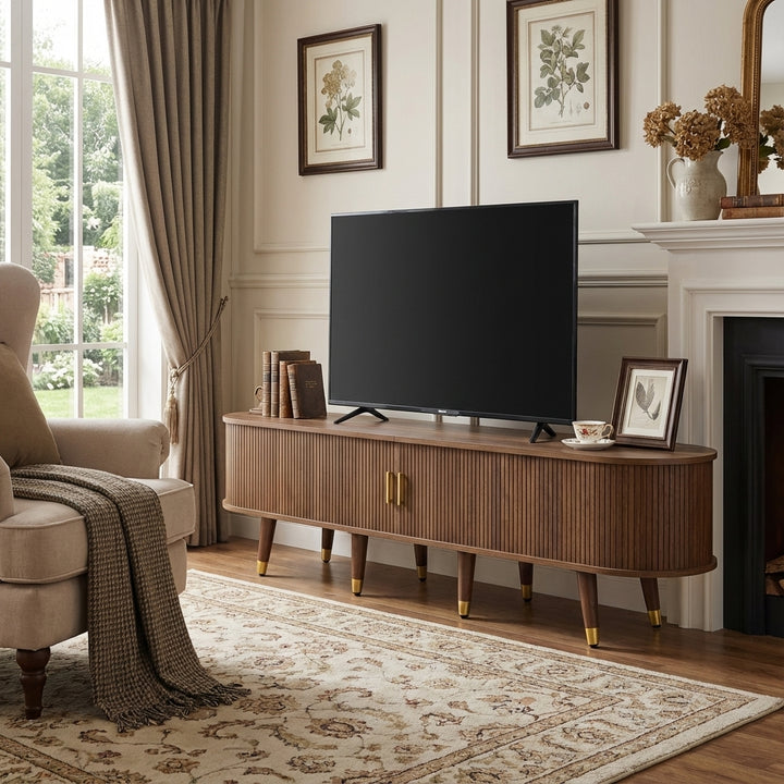 Dark oak textured TV stand with 2 sliding doors and 2 drawers STRUCTUR