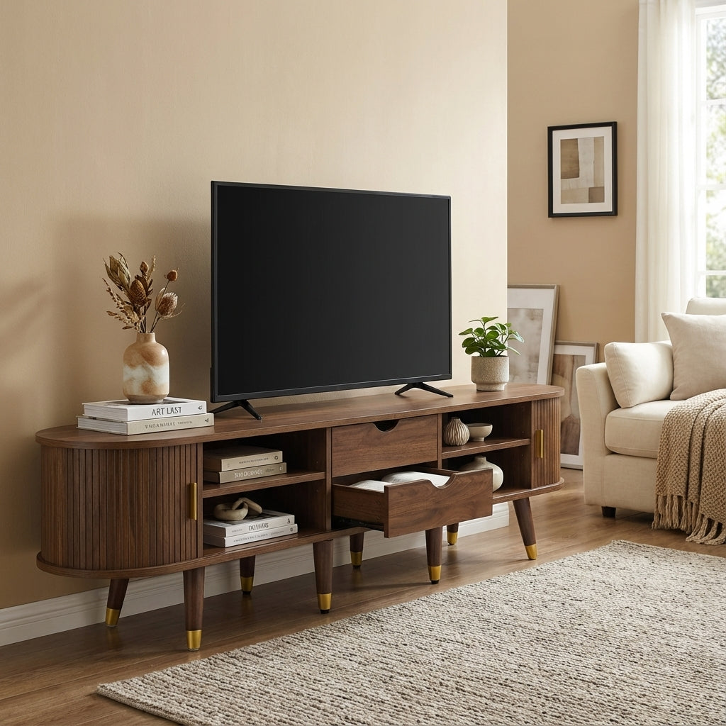 Dark oak textured TV stand with 2 sliding doors and 2 drawers STRUCTUR