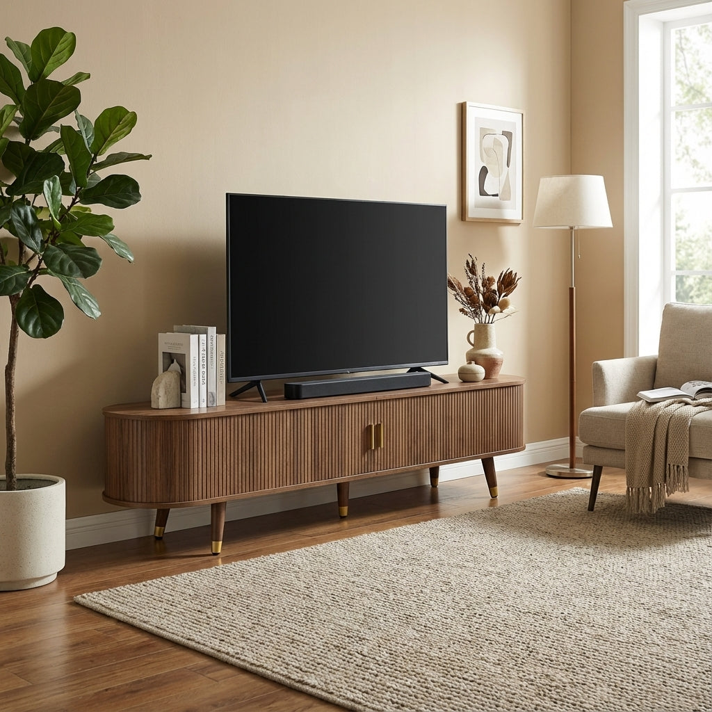 Dark oak textured TV stand with 2 sliding doors and 2 drawers STRUCTUR