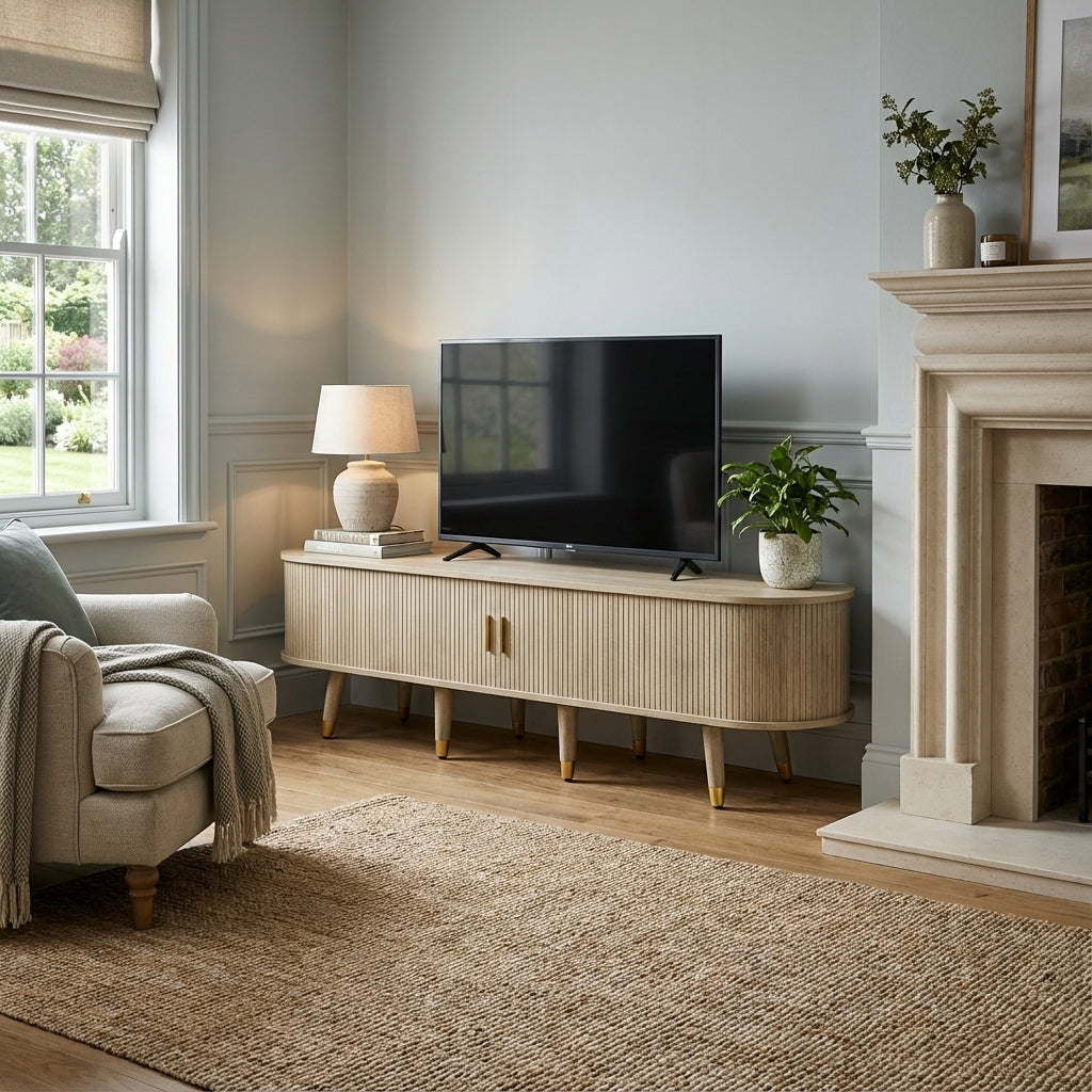 Light oak textured TV stand with 2 sliding doors and 2 drawers NANOFIB