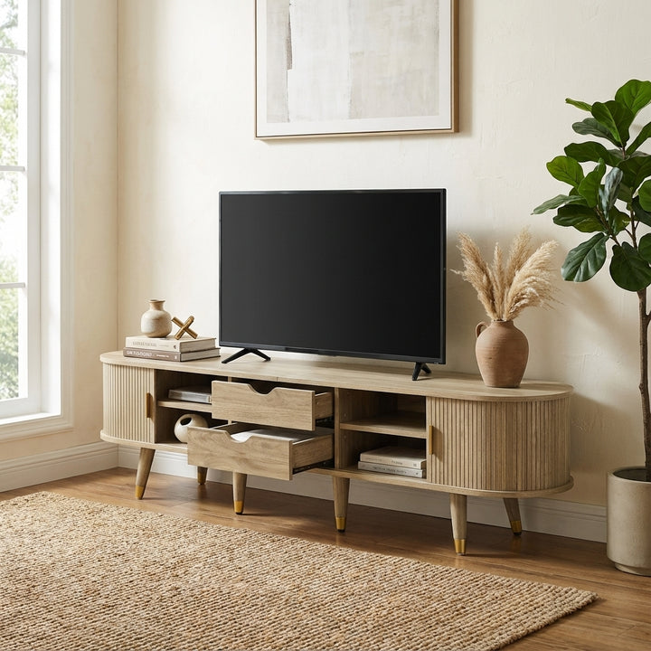Light oak textured TV stand with 2 sliding doors and 2 drawers NANOFIB