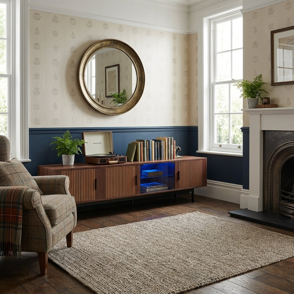 Vintage carved wood textured TV Stand with LED lighting and glass door AMPHIBIAN