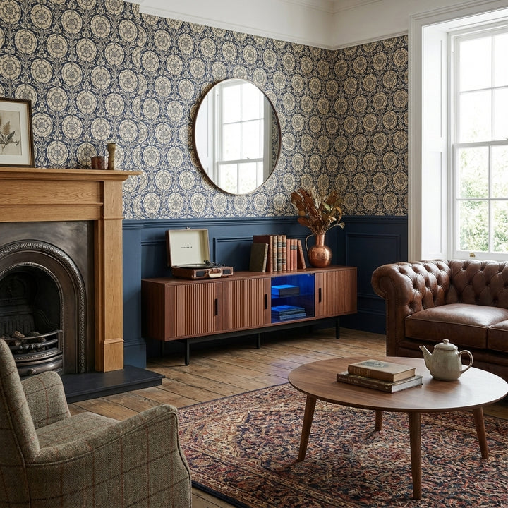 Vintage carved wood textured TV Stand with LED lighting and glass door AMPHIBIAN