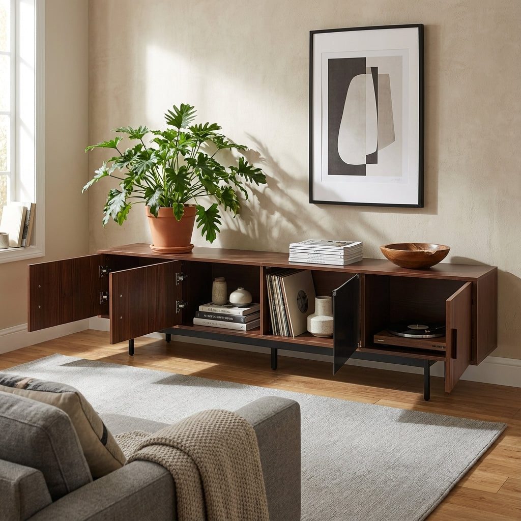 Vintage carved wood textured TV Stand with LED lighting and glass door AMPHIBIAN