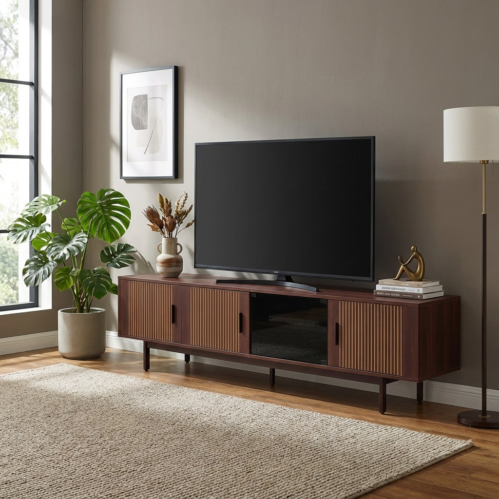Vintage carved wood textured TV Stand with LED lighting and glass door AMPHIBIAN