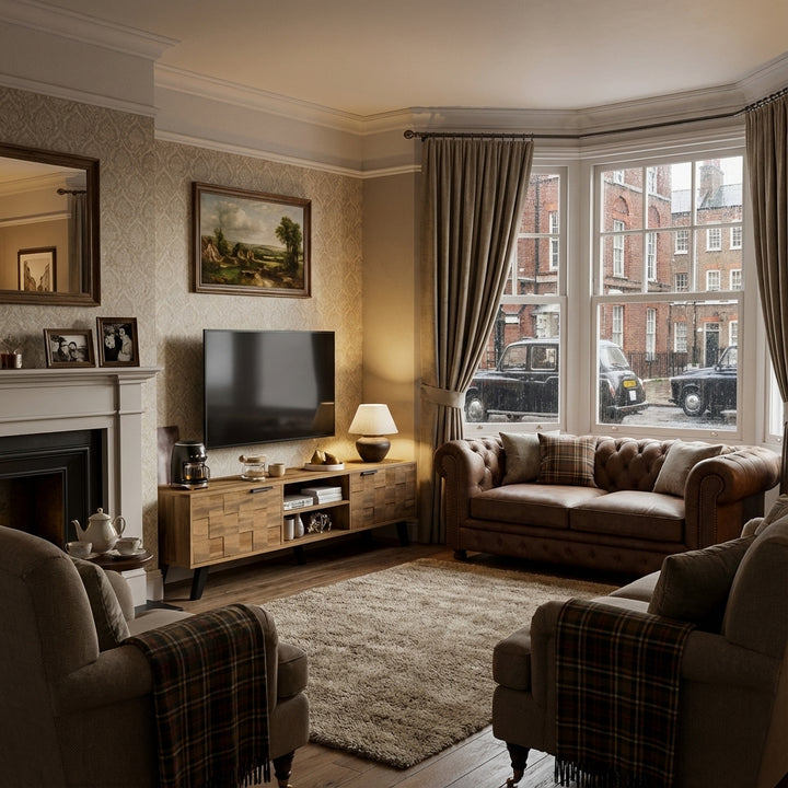 Vintage wood look TV stand with 2 doors and open shelves DECOMPOS