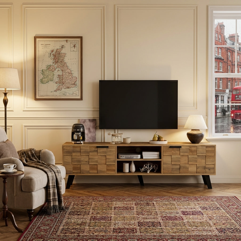 Vintage wood look TV stand with 2 doors and open shelves DECOMPOS