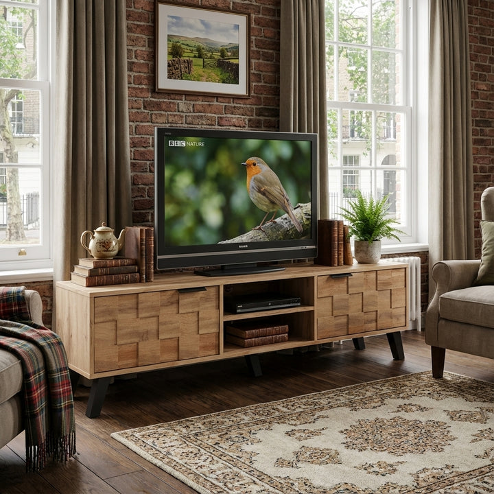 Vintage wood look TV stand with 2 doors and open shelves DECOMPOS