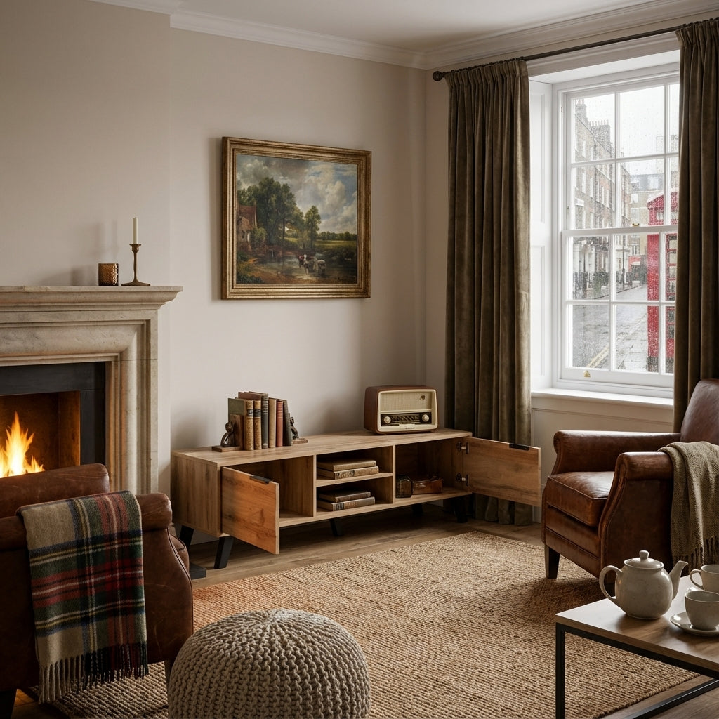Vintage wood look TV stand with 2 doors and open shelves DECOMPOS
