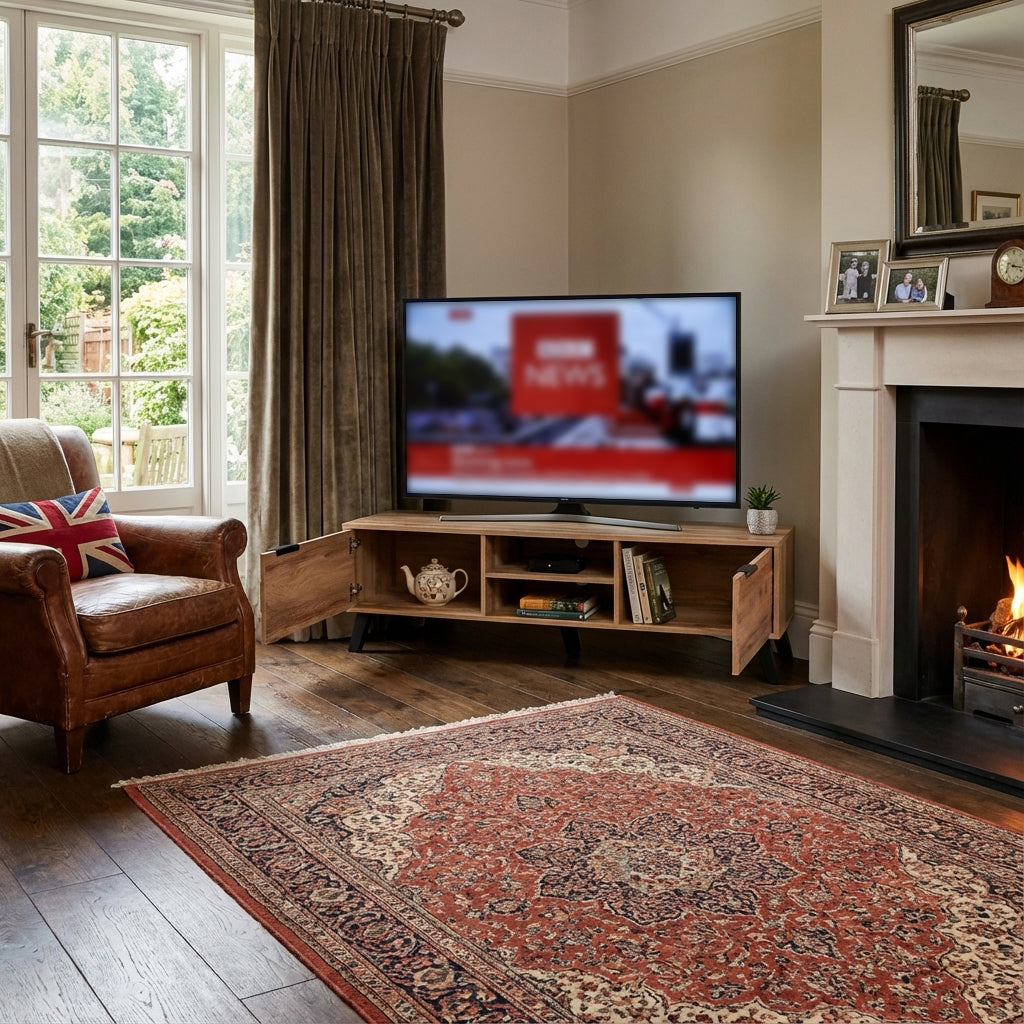 Vintage wood look TV stand with 2 doors and open shelves DECOMPOS