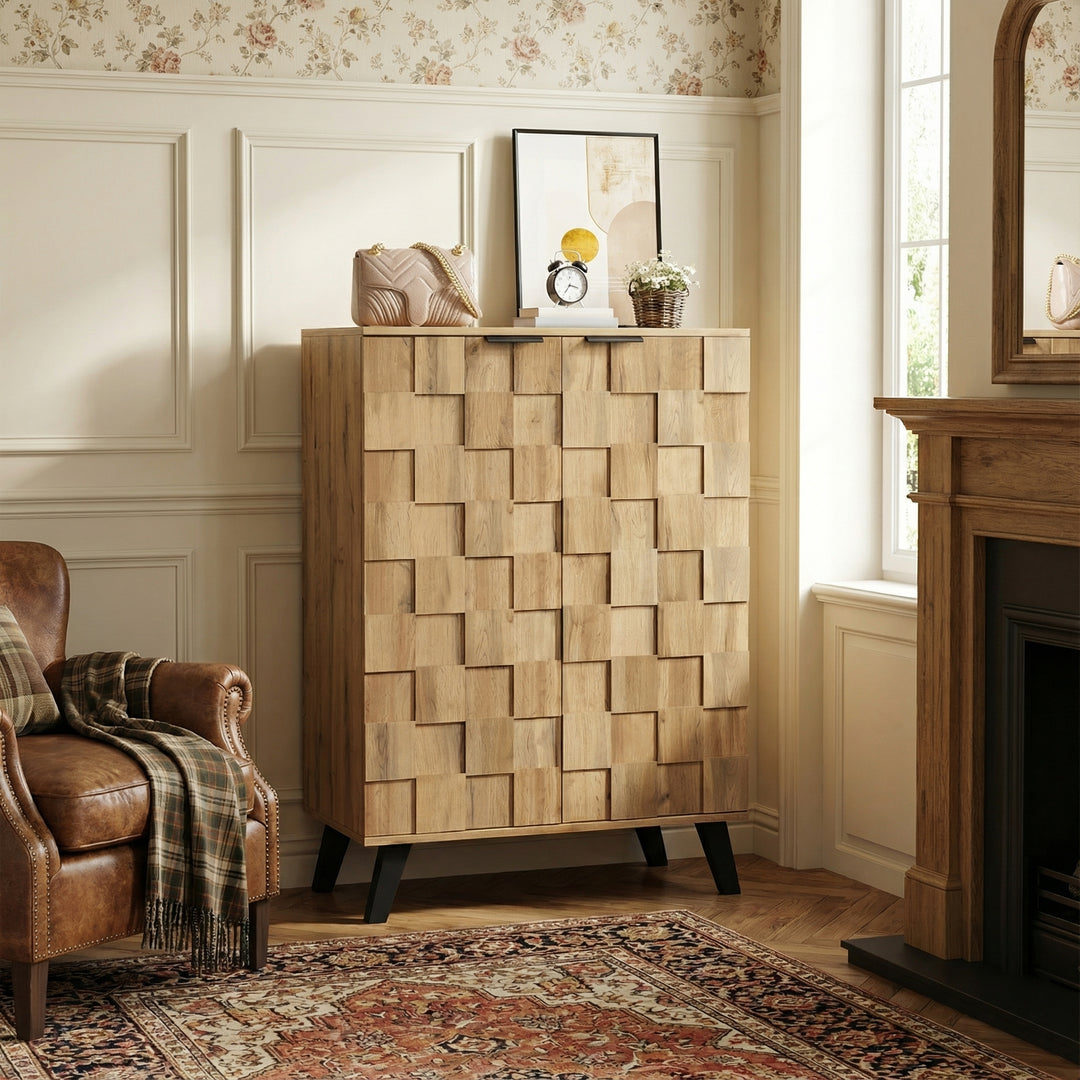 Vintage shoe cabinet textured oak look 3D with adjustable shelves 80×35×110cm FLAGELLUM