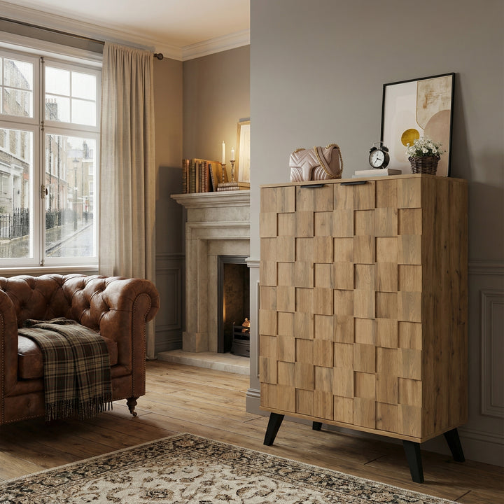 Vintage shoe cabinet textured oak look 3D with adjustable shelves 80×35×110cm FLAGELLUM