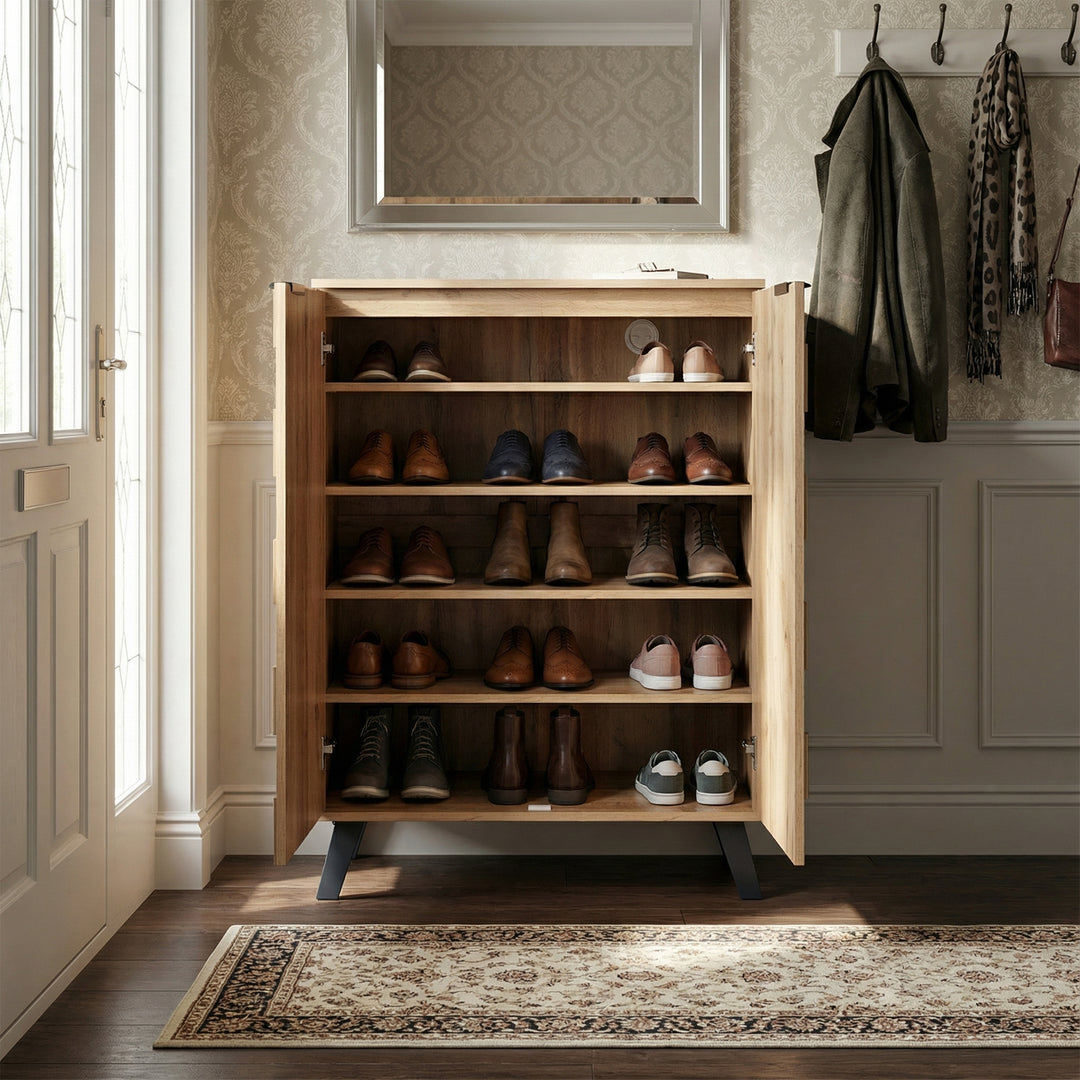 Vintage shoe cabinet textured oak look 3D with adjustable shelves 80×35×110cm FLAGELLUM