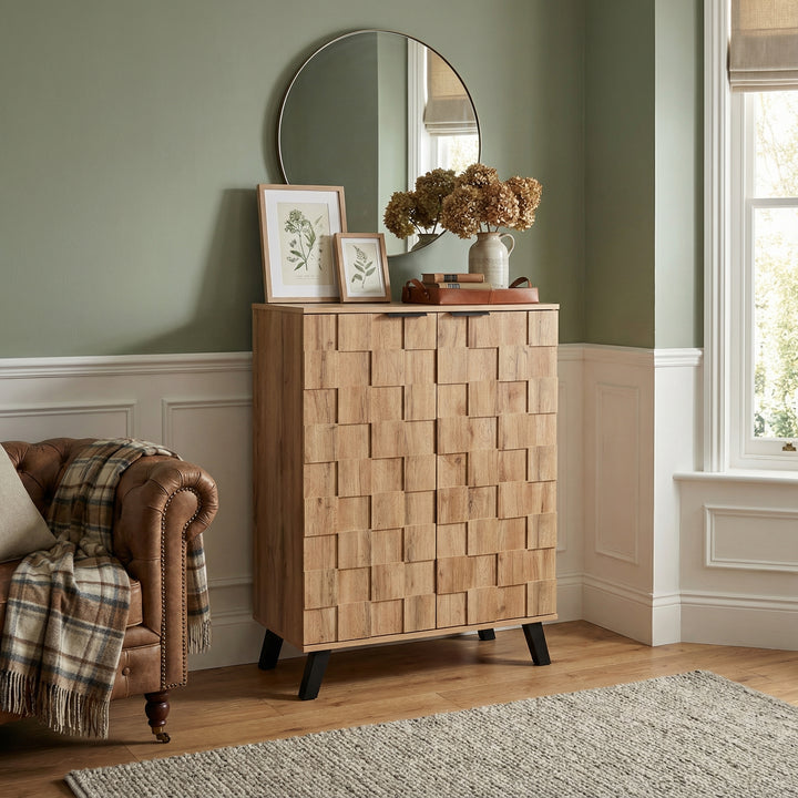 Vintage shoe cabinet textured oak look 3D with adjustable shelves 80×35×110cm FLAGELLUM