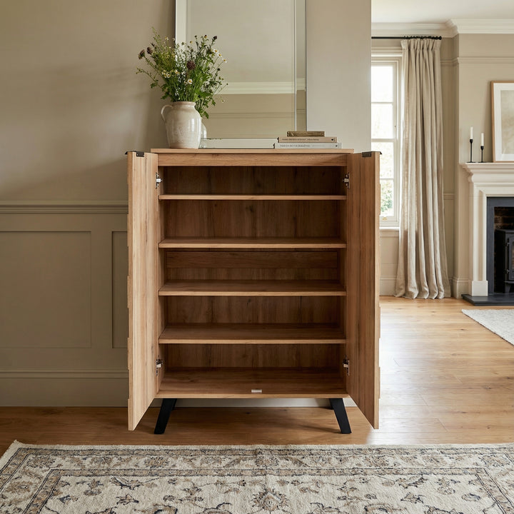 Vintage shoe cabinet textured oak look 3D with adjustable shelves 80×35×110cm FLAGELLUM