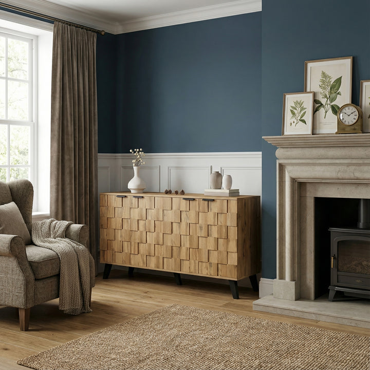 Vintage sideboard textured oak look 3D square front 4 doors and adjustable shelves 150×35×78cm LYSOGEN