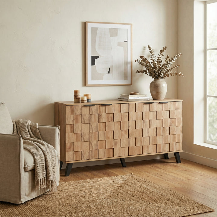 Vintage sideboard textured oak look 3D square front 4 doors and adjustable shelves 150×35×78cm LYSOGEN
