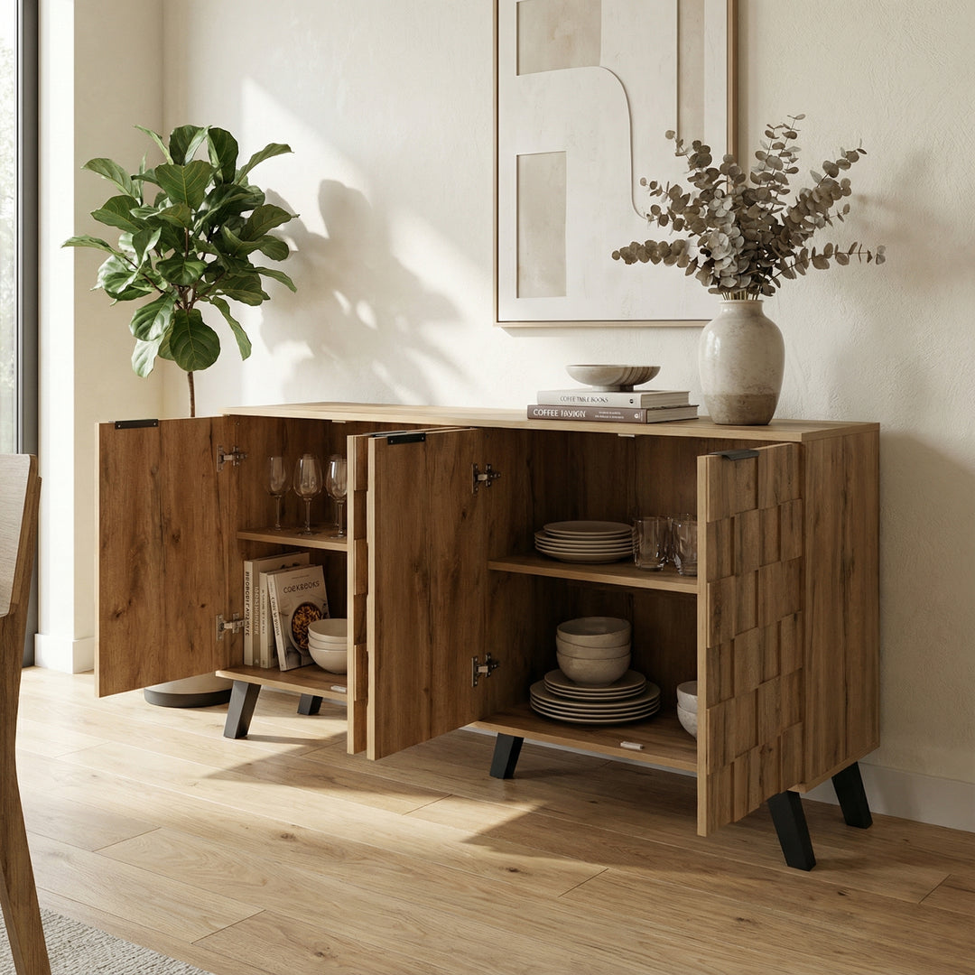 Vintage sideboard textured oak look 3D square front 4 doors and adjustable shelves 150×35×78cm LYSOGEN