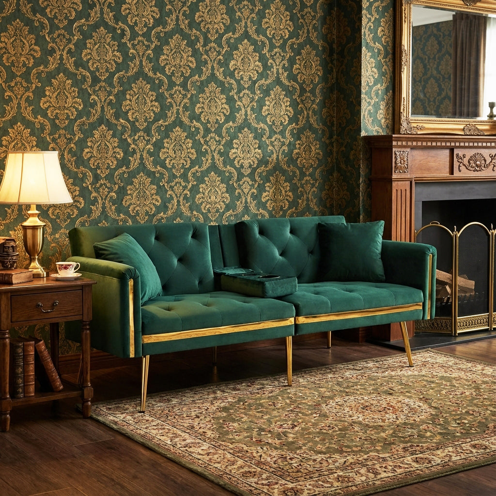 Green tufted velvet 2-seater sofa bed with adjustable backrest and hidden cup holders golden accent HYDROPON