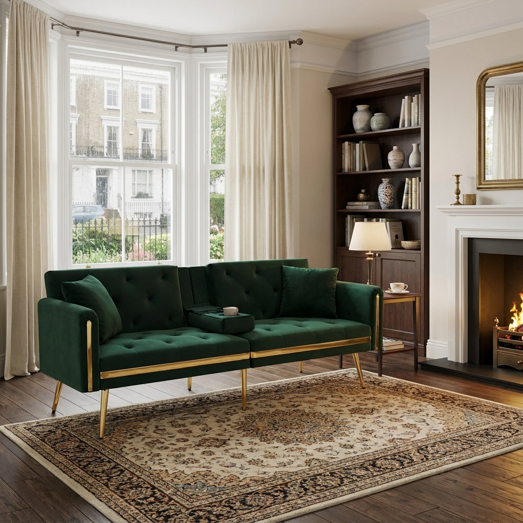 Green tufted velvet 2-seater sofa bed with adjustable backrest and hidden cup holders golden accent HYDROPON