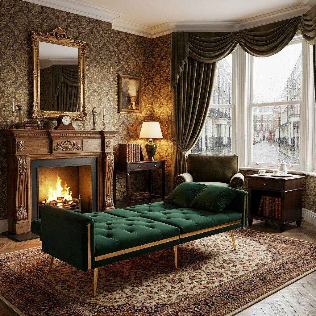 Green tufted velvet 2-seater sofa bed with adjustable backrest and hidden cup holders golden accent HYDROPON