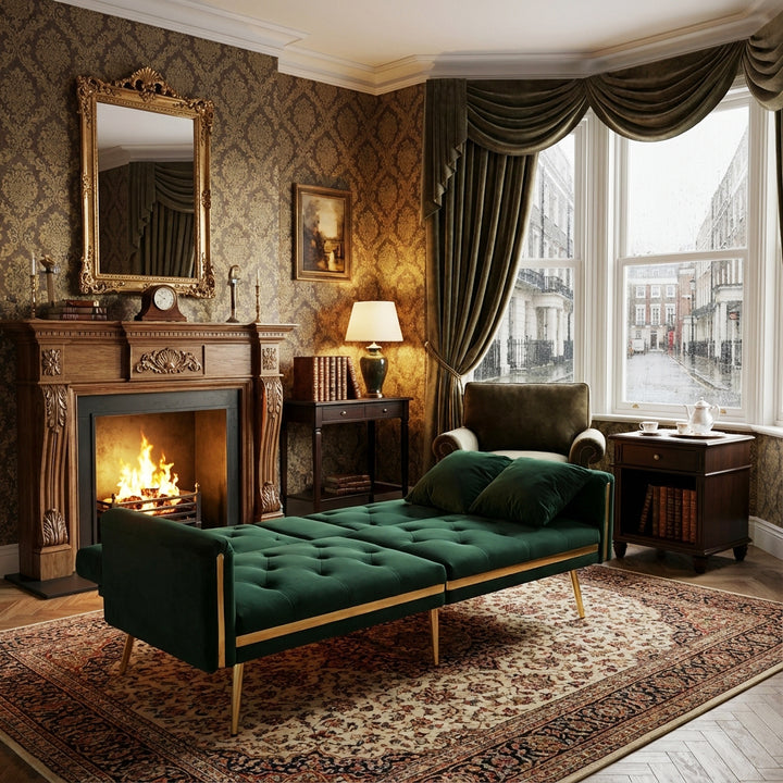 Green tufted velvet 2-seater sofa bed with adjustable backrest and hidden cup holders golden accent HYDROPON