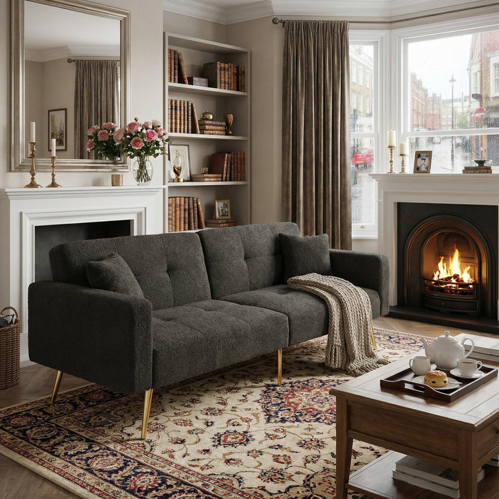 Dark grey sherpa 2-seater sofa bed with gold legs, cushions and side storage pockets VESPERA