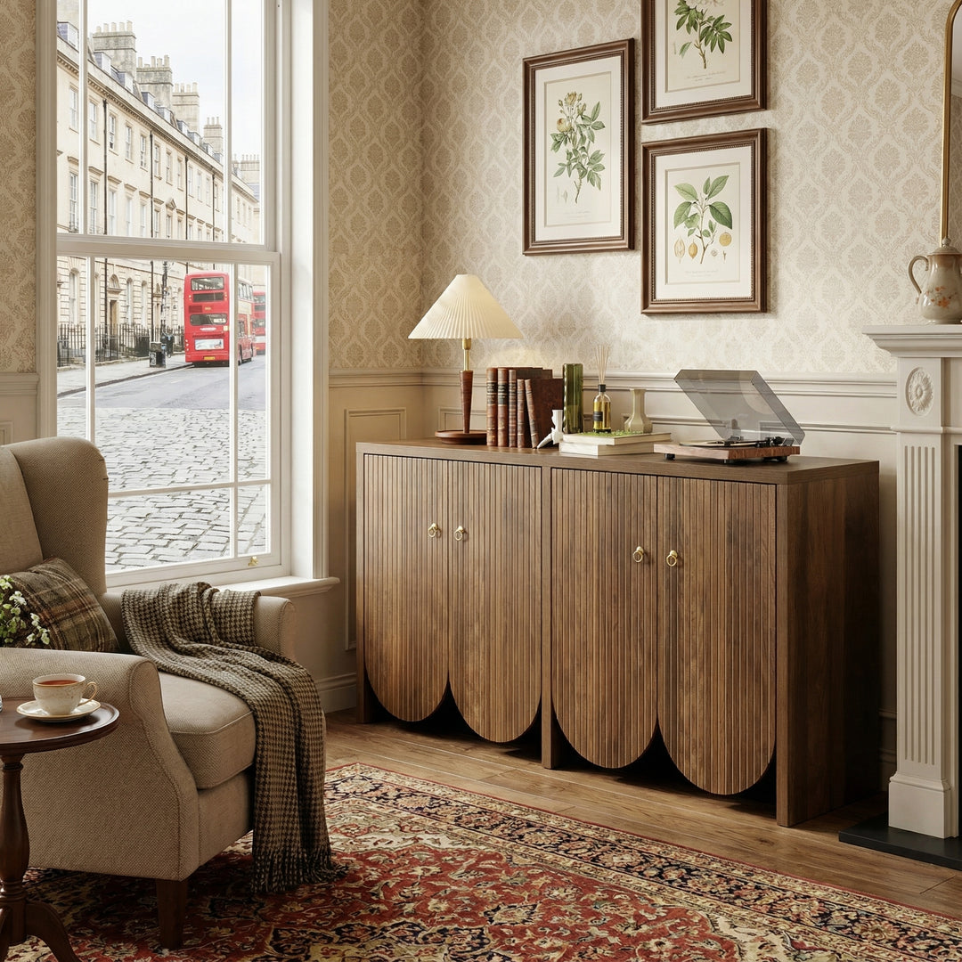 Vintage walnut look sideboard textured pattern with arched cutouts 4 doors 147×40×80cm LUNOVA