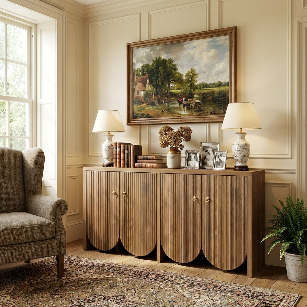 Vintage walnut look sideboard textured pattern with arched cutouts 4 doors 147×40×80cm LUNOVA