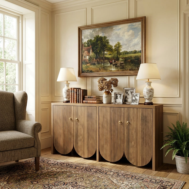 Vintage walnut look sideboard textured pattern with arched cutouts 4 doors 147×40×80cm LUNOVA