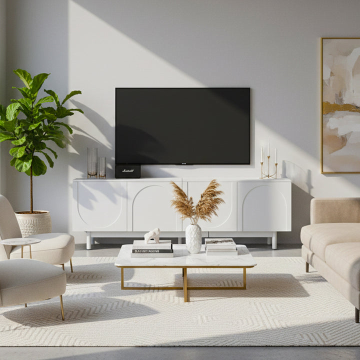 Modern white TV cabinet with 4 push-to-open storage doors RCEPTOR