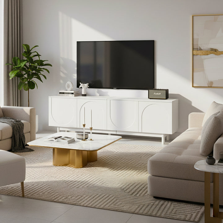 Modern white TV cabinet with 4 push-to-open storage doors RCEPTOR