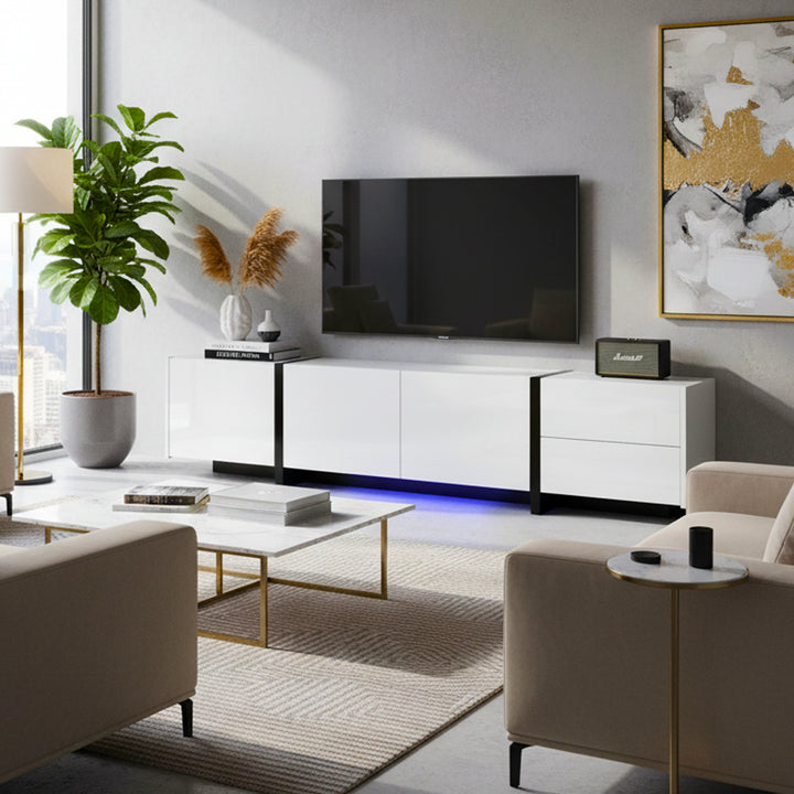 High gloss black &amp; white TV cabinet with LED and versatile storage BLADE