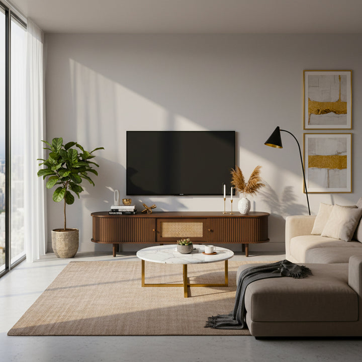 Retro walnut TV stand oval rounded corners 2 slide doors 180×40×40cm SOREN
