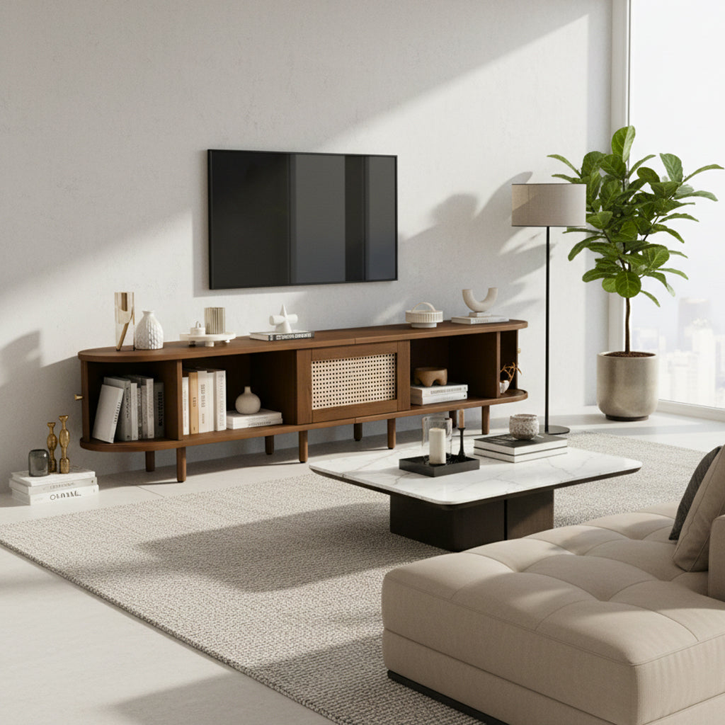 Retro walnut TV stand oval rounded corners 2 slide doors 180×40×40cm SOREN