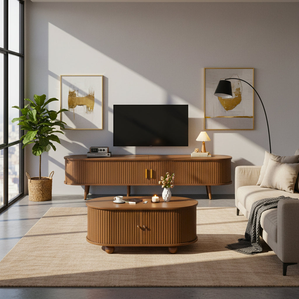 Retro walnut oval fluted TV stand with coffee table set with sliding doors MEALYBUG