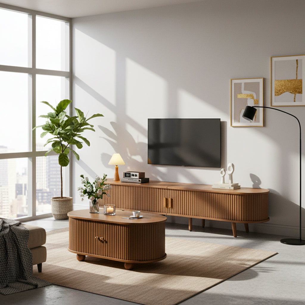 Retro walnut oval fluted TV stand with coffee table set with sliding doors MEALYBUG