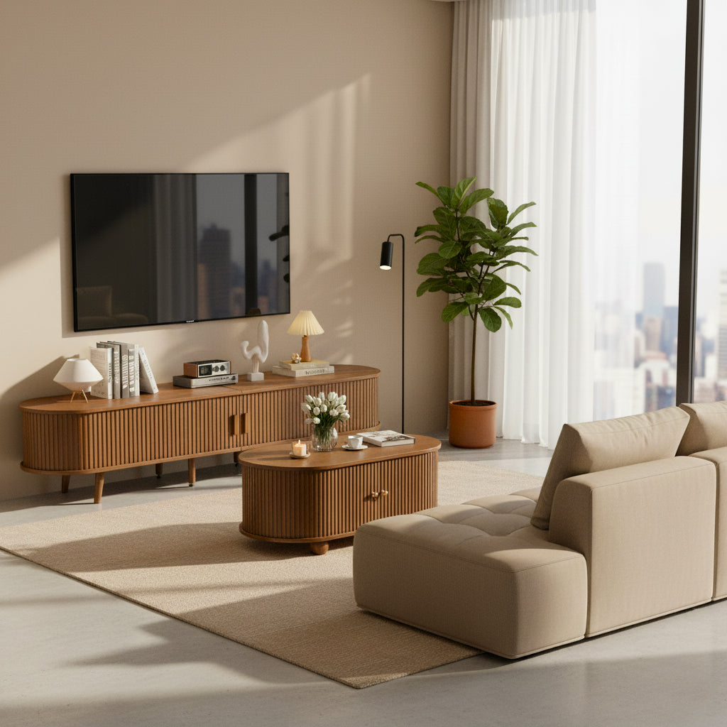 Retro walnut oval fluted TV stand with coffee table set with sliding doors MEALYBUG
