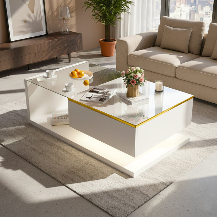 Modern high gloss white coffee table with LED lights golden accent SHEATH