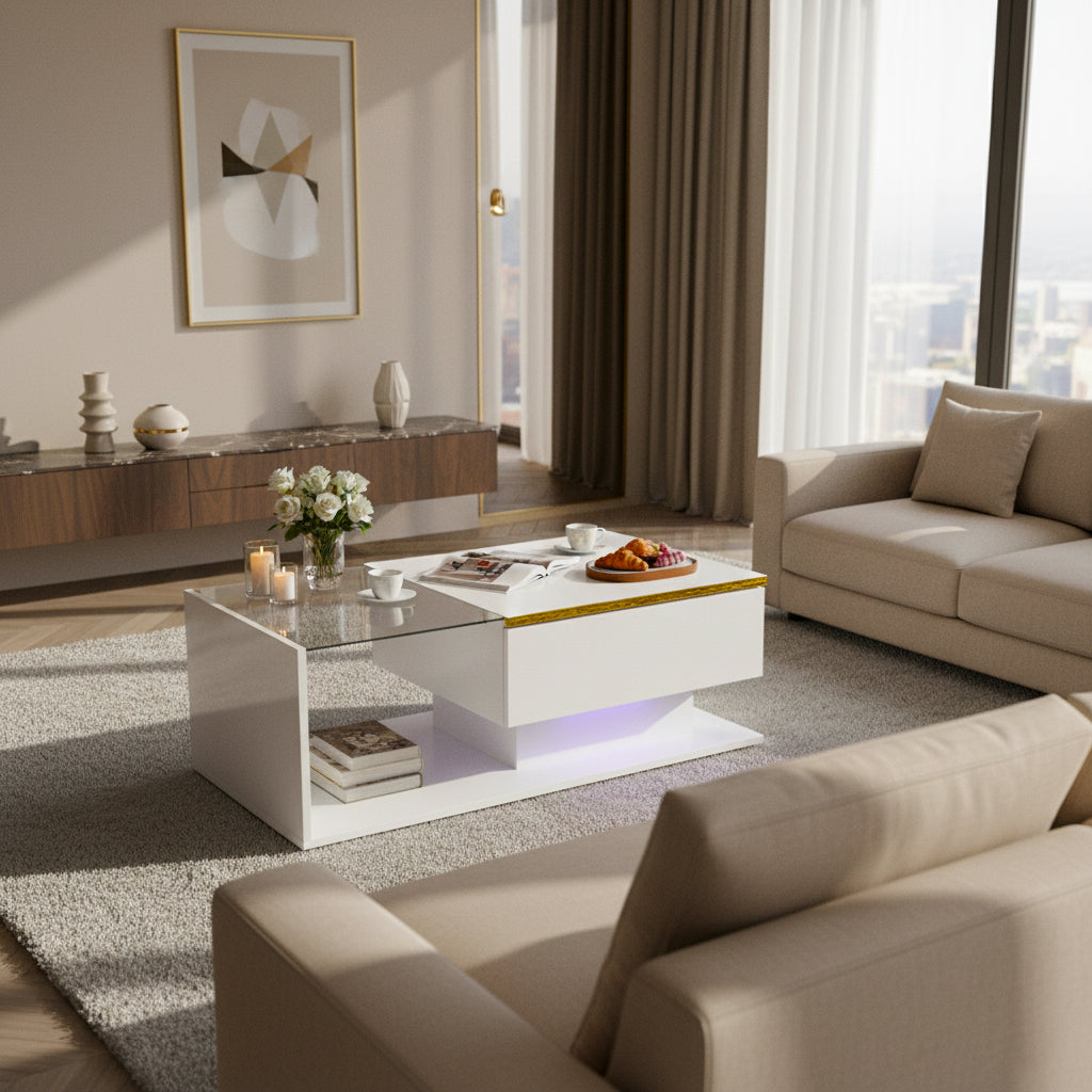 Modern high gloss white coffee table with LED lights golden accent SHEATH