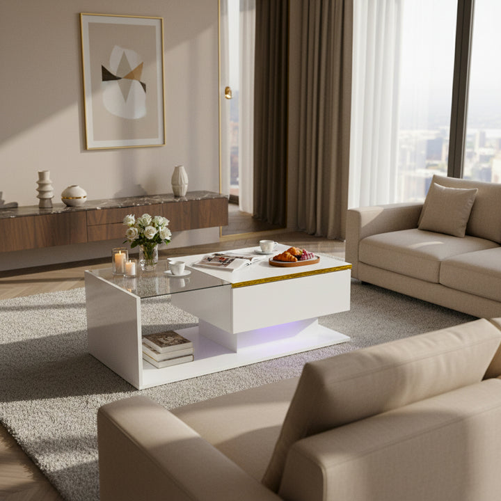 Modern high gloss white coffee table with LED lights golden accent SHEATH