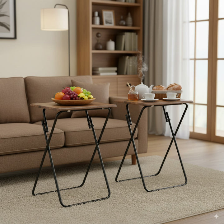 Set of 2 Folding simple portable small table, retro wooden desktop JOEY VINTAGE BROWN 2PCS