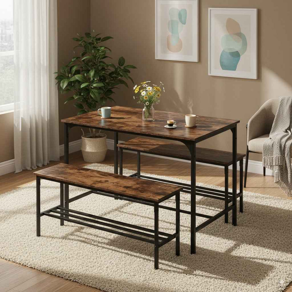 Farmhouse Dining Set with Storage – 1 Table & 2 Benches, Space-Saving Vintage Style for Kitchen & Dining Room LOMANER 110 VINTAGE STORAGE