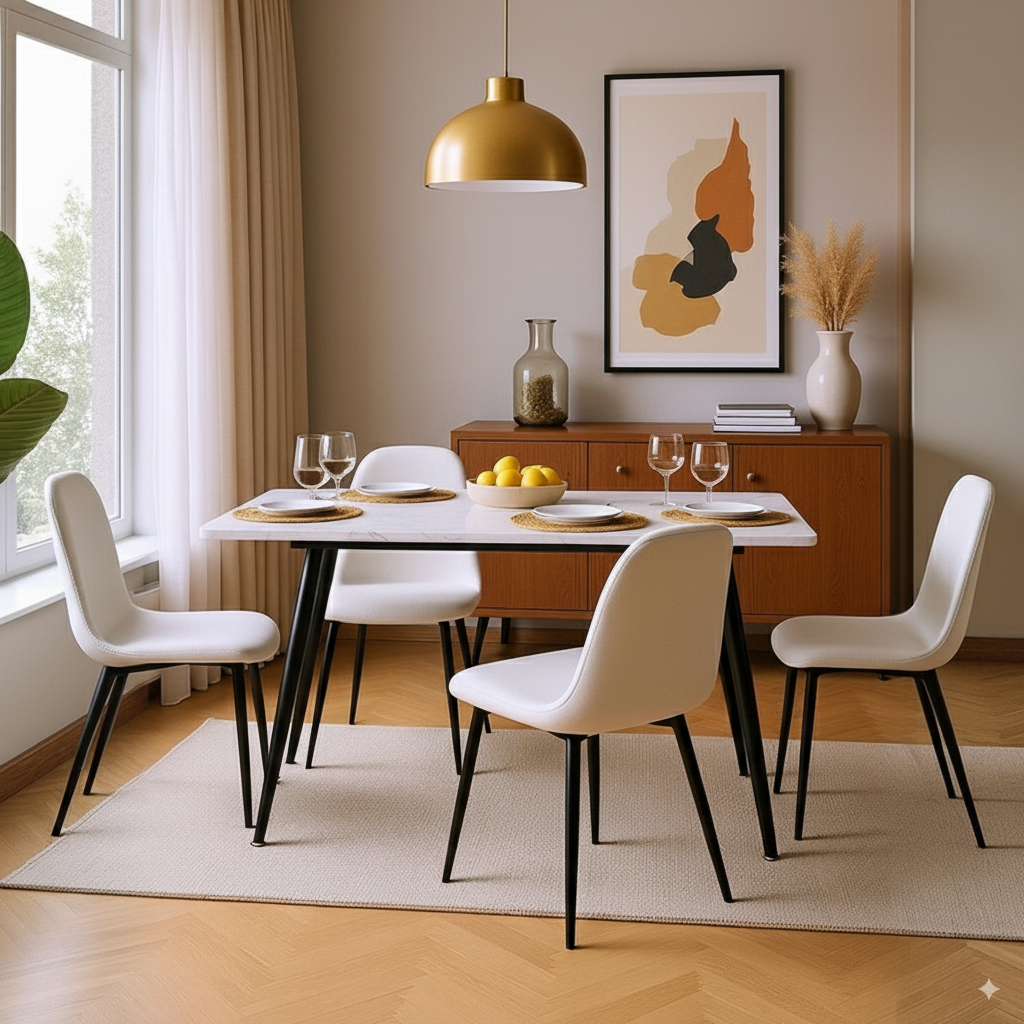 Scandinavian style rectangular white marble effect dining table 120x70cm WHALEN WHITE MARBLE TABLE 120 KD