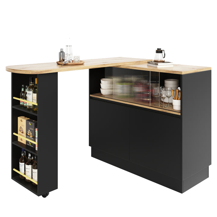 Black versatile 360° revolving dining bar table with sliding fluted glass doors GHENS BLACK UK